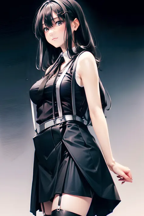 a black skirt, neck tie, Tank tops　suspenders, Long Black Hair, Gray eyes, holster, Garter belt on the legs, , Moderately breasts, Pichi Pichi clothes, both sides　deadpan　Behind