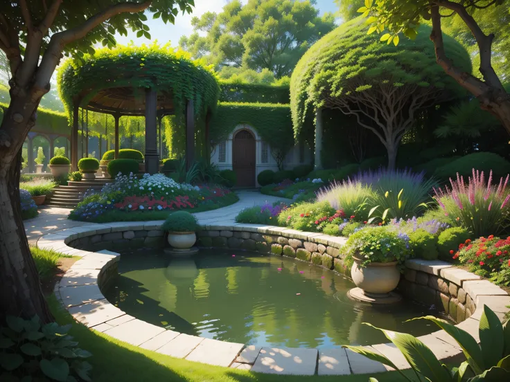 Verdant Garden Oasis: A meticulously manicured garden bursting with a riot of colorful flowers and lush foliage, offering a haven of beauty and serenity.