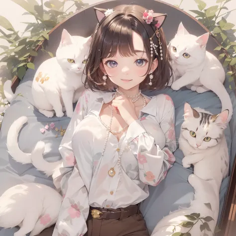 (top-quality、8K、32K、​masterpiece、nffsw:1.2)、A cute Japanese woman、large full breasts、very short bobbed hair、Casket、cat ear、The upper part of the body、(Border Shirt:1.1)、Wide pants、pearls necklace、simple background、Look around、A smile