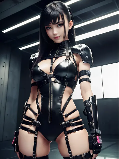 (FULL BODYSHOT), a smile, 18year old, ((top-quality)), ((​masterpiece)), (high-detail:1.3), 3D, Beautiful fece (cyberpunked:1.3), ((Stylish woman in bondage clothes)), large full breasts, Slim waist, big butts, (japanese beauty girl), (model shot), A dark-...