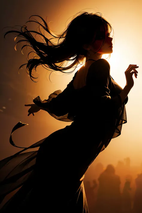 Woman dancing in silhouette、Perfect Style、back lighting,with strobe light、Dramatic shadows and highlights、Create images with a sense of depth and three-dimensionality,1womanl,surrealism