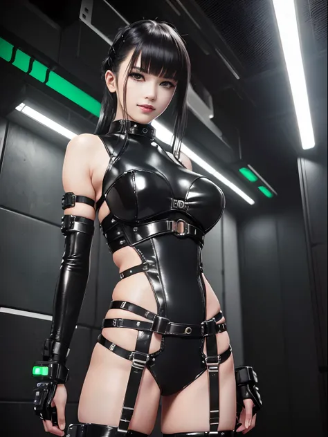 (FULL BODYSHOT), a smile, 18year old, ((top-quality)), ((​masterpiece)), (high-detail:1.3), 3D, Beautiful fece (cyberpunked:1.3), ((Stylish woman in bondage clothes)), large full breasts, Slim waist, big butts, (japanese beauty girl), (model shot), A dark-...