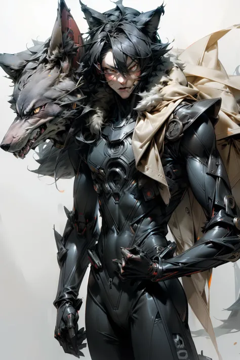 masutepiece, Hyper realistic, 8K, werewolf man、The face is human、(((Wolf in the face)))、(((Black bodysuit)))、((Slender body))、((tall male))、(((the whole body is covered with fur,,,,,,))),、nails are long、