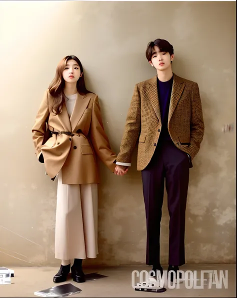 a couple of people standing next to each other holding hands, vestindo um terno marrom desgastado, wearing wool suit, Foto da revista Vogue, Foco no terno Art Nouveau, naipe, Jinyoung Canela, pose de casal, bem - vestido, vestindo um terno, vestindo ternos...