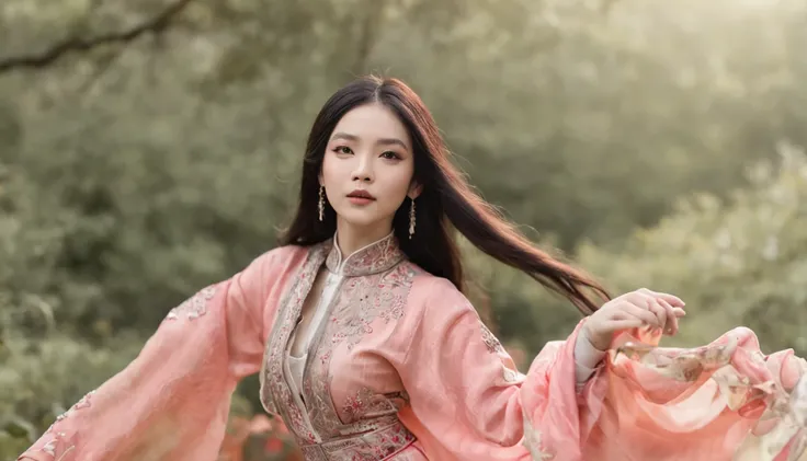 32K（tmasterpiece，k hd，hyper HD，32K）Long flowing black hair，ponds，zydink， a color，  Asian people （Silly girl）， （Silk scarf）， Combat posture， looking at the ground， long whitr hair， Floating hair， Carp pattern headdress， Chinese long-sleeved bright orange cl...