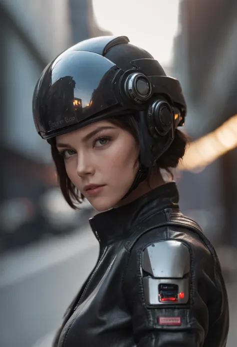 Her eyes revealed determination and determination in a black leather jacket，Fashion and technology – the luminous helmet she wears gives her an extraordinary visual experience – in a cyberpunk world，Technology and life are integrated，Neatly short hair，Movi...