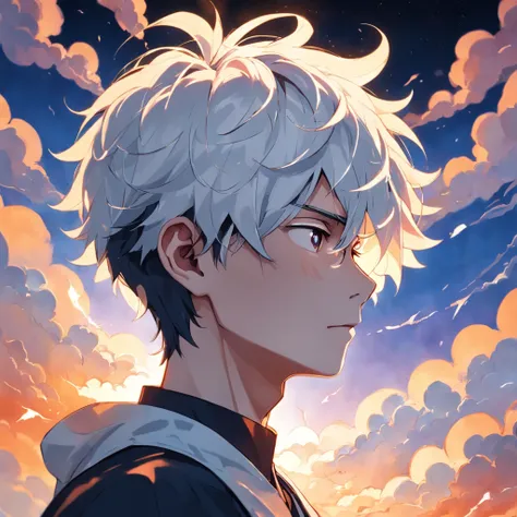 masterpiece, best quality, movie still, 1boy, cloud boy, floating in the sky, close-up, bright, happy, warm soft lighting, sunset, (sparks:0.7),(White background:1.4),(Silhouette of a boyss head, Eyes closed, colorfull, Oriental elements), ((Chinese illust...