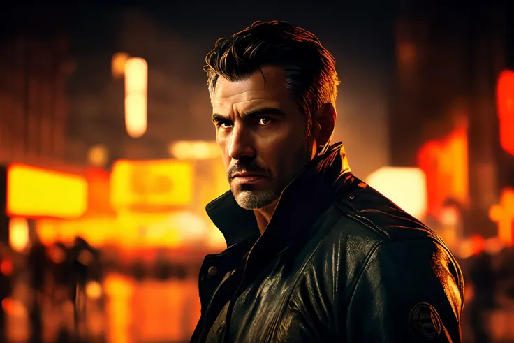 masterpiece, high detail, trending on artstation, realistic, detailed face, overall, a photo of a cyberpunk private detective, old man, dark hair, dirty, drone, Blade Runner city, neo lights, dark, rain, night, RAW, canon r6, wide shot, sharp, blurry backg...