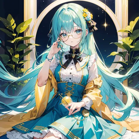 Long light yellowish blue hair，Plain yellow-blue matching clothes，There are green and reddish brown ornaments as embellishments，With black-framed glasses，She is a cute intellectual beautiful girl