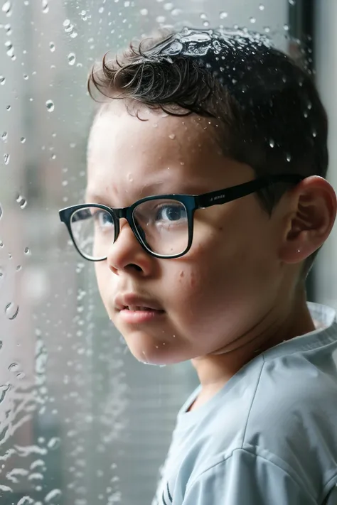 guttonerdvision10, A RAW photograph capturing a hyper-realistic portrait of an adorable 3-year-old boy wearing glasses, by the inside of a rainy window. The image meticulously details the boys skin with a level of detail at 1.3, revealing the texture and n...