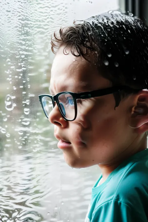 guttonerdvision10, A RAW photograph capturing a hyper-realistic portrait of an adorable 3-year-old boy wearing glasses, by the inside of a rainy window. The image meticulously details the boys skin with a level of detail at 1.3, revealing the texture and n...