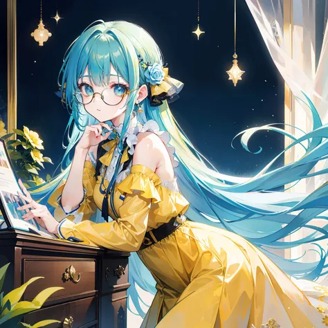 Long light yellowish blue hair，Plain yellow-blue matching clothes，There are green and reddish brown ornaments as embellishments，With black-framed glasses，She is a cute intellectual beautiful girl