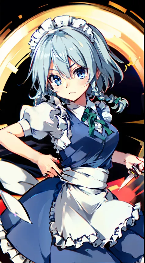 sakuya izayoi, maid, holding knife, looking at camera, night