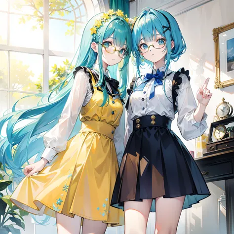 Long light yellowish blue hair，Plain yellow-blue matching clothes，There are green and reddish brown ornaments as embellishments，With black-framed glasses，She is a cute intellectual beautiful girl