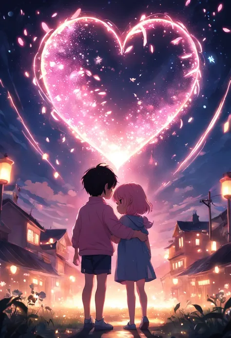 the night，In pink，Fireworks all over the sky，Heart-shaped bubbles，Child couples，Cartoony，Chubby little girl and little boy hugging each other，Glowing fireflies around，，Cute and cute，KIDS ILLUSTRATION，Glow effects，Dingdall effect，depth of fields，high light，...