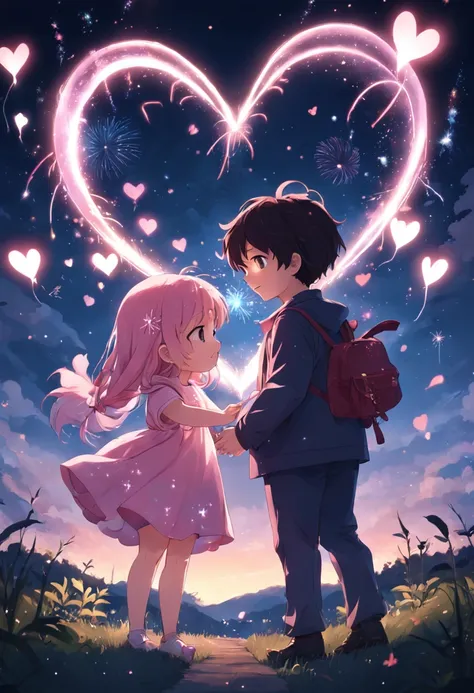 the night，In pink，Fireworks all over the sky，Heart-shaped bubbles，Child couples，Cartoony，Chubby little girl and little boy hugging each other，Glowing fireflies around，，Cute and cute，KIDS ILLUSTRATION，Glow effects，Dingdall effect，depth of fields，high light，...