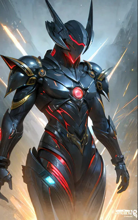 high quality metal texture, metalic lusters, highly detailed, solo, humanoid robot that resembles a male body, ((stalker (warframe) with robot ears)), high quality black and red mechanical helmet, (((wearing highly detailed torn black robe))),((mulitiple g...