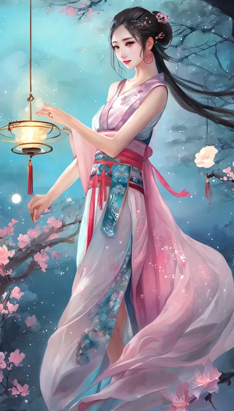 ((from below)), ((full body)), ((realistic)), ((cross legged)), Beautiful young girl, Sexy goddess, slender leg, cold light, the night, starrysky, (hanfu, Floral, One shoulder), (in pink, cyan colors), Detailed scenes, Beautiful digital illustration, the d...