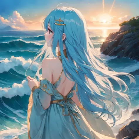 Long light blue hair，Deep golden pupils，Silk dress，A sweet girl, looking at the sea ((back view photo))