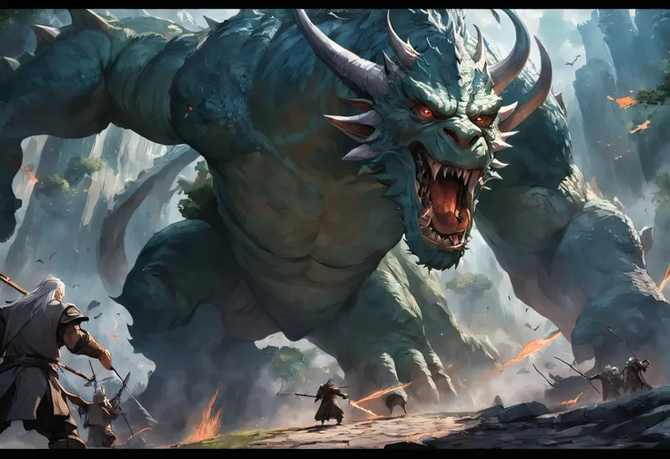 Battle of the Lord of the Rings Orcs fight Legolas and Gandalf, Giant ogre dragon