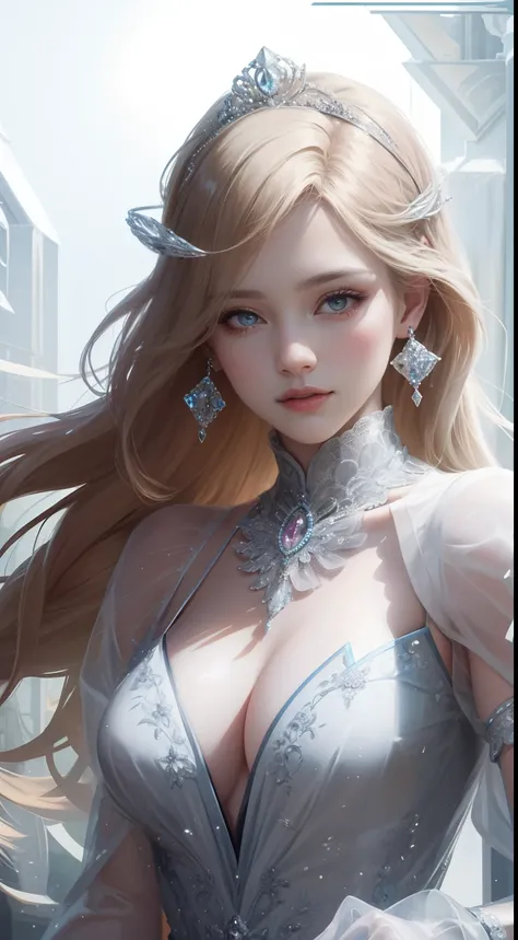 tmasterpiece，Highest high resolution，Dynamic bust of a beautiful royal maiden，Long blonde hairstyle，Gray clear eyes，The hair is covered with beautiful and delicate floral craftsmanship, Crystal jewelry filigree，Ultra-detailed details，upscaled。