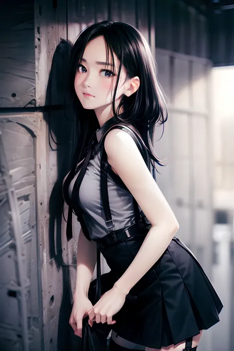 a black skirt, neck tie, Tank tops　suspenders, Long Black Hair, Gray eyes, holster, Garter belt on the legs, , Moderately breasts, Pichi Pichi clothes, both sides　deadpan　Behind