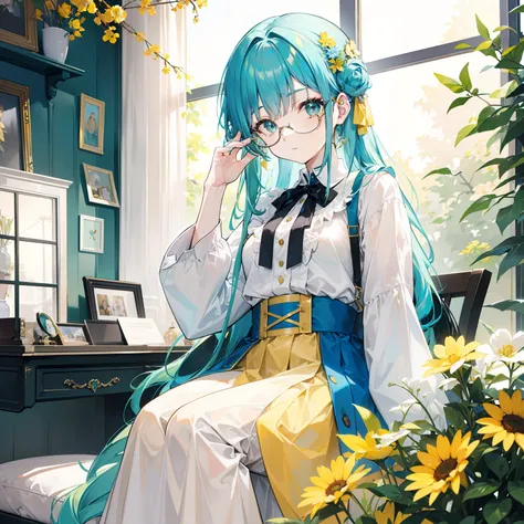 Long light yellowish blue hair，Plain yellow and blue with clothes，There are green and reddish-brown ornaments as decorations，With black-framed glasses，She is a lovely intellectual beautiful girl