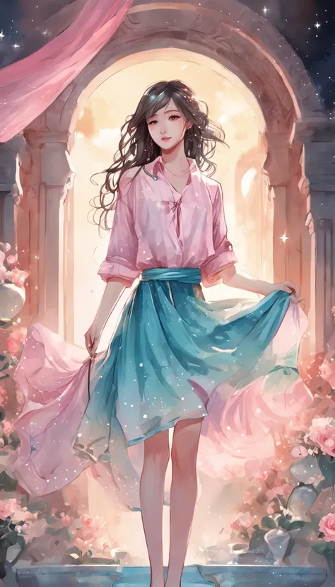 ((from below)), ((full body)), ((realistic)), ((cross legged)), Beautiful young girl, Sexy goddess, slender leg, cold light, the night, starrysky, (The shirt, One shoulder, pleatedskirt), (in pink, cyan colors, white colors), Detailed scenes, Beautiful dig...