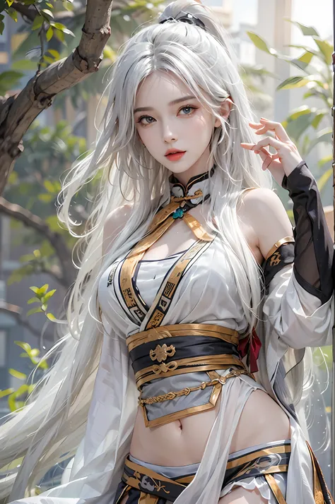 photorealistic, high resolution, 1women, solo, hips up, look at viewer, (detailed face), white hair, long hair, medium breasts, Taoist