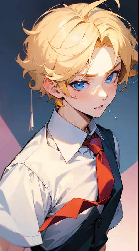 superfine illustration,Animated,Boy,man,Mans,lewd expression,Sexy,gay,Yaoi,School,Guy,man,Mans,Short hair,Curly hair,Parted bangs,Blonde hair,Short sleeve,Blue eyes,White skin,White shirt,Red tie,