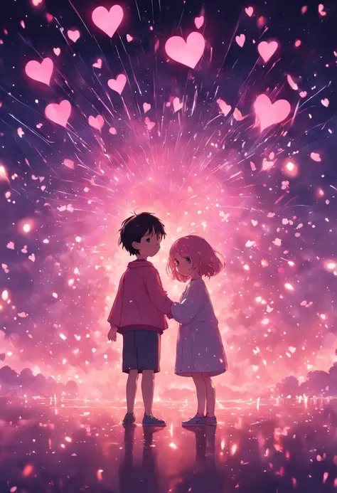 the night，In pink，Fireworks all over the sky，Heart-shaped bubbles，Child couples，Cartoony，Chubby little girl and little boy hugging each other，Glowing fireflies around，，Cute and cute，KIDS ILLUSTRATION，Glow effects，Dingdall effect，depth of fields，high light，...