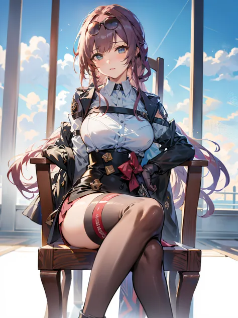 anime girl sitting on a chair with her legs crossed, from girls frontline, best anime 4k konachan wallpaper, fine details. girls...