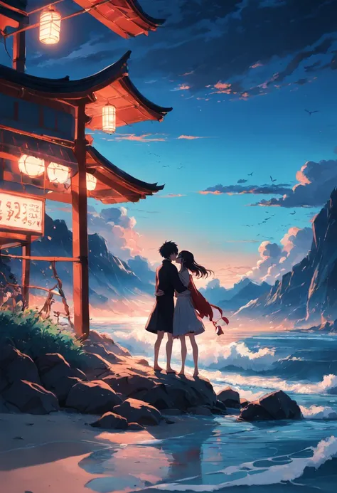 A man and a woman kiss by the sea in the sunset