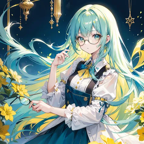 Long light yellowish blue hair，Plain yellow and blue with clothes，There are green and reddish-brown ornaments as decorations，With black-framed glasses，She is a lovely intellectual beautiful girl