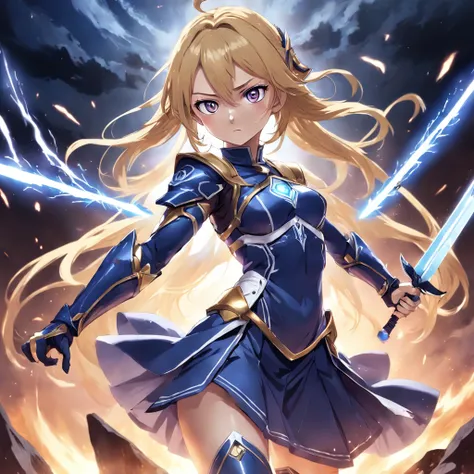 In this captivating digital illustration, the concept of Luna Runcandel from Sword Art Online comes to life in an epic battle pose. Luna stands with fierce determination, her sword gripped firmly in hand, surrounded by dynamic manga-style effects. A radian...