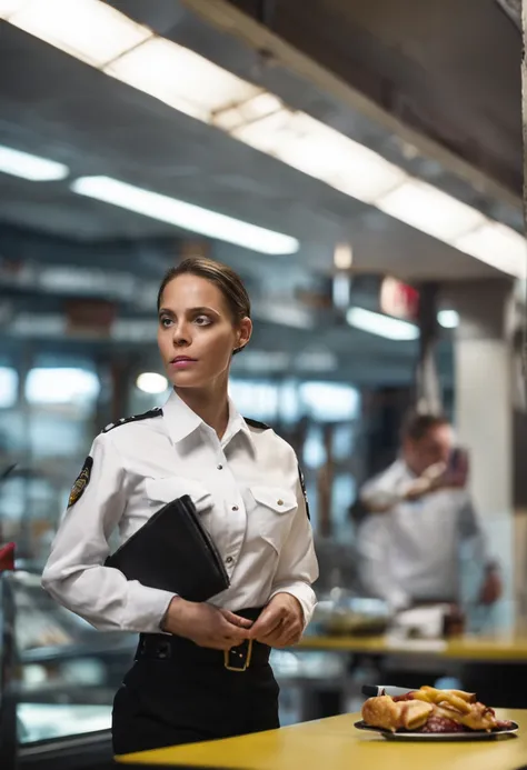 Guardia de seguridad y vigilancia privada femenina, Proteger un restaurante, Uniforme corbata camisa blanca, pantalones negros, linterna en mano, Noche