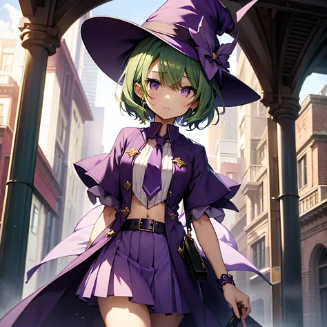 top-quality、extremely delicate and beautiful、(A teenage girl)、Purple Eye、Green hair、short-haired、(Purple pointy hat)、Purple tie、Soio、shortsleeves、Purple skirt、Purple Wizard Robe、Navel,is standing