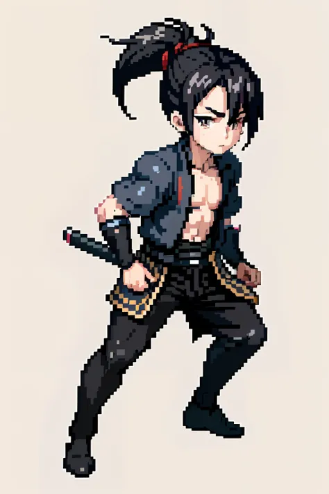 (masterpiece), top quality, best quality), pixel, pixel art,1teenager boy,16 yrs. old, full body, Samurai outfit, pale skin, young teenage boy, yellow eyes, black hair, mid-size ponytail (1.5), calm face, male, rindou Kobayashi hair style