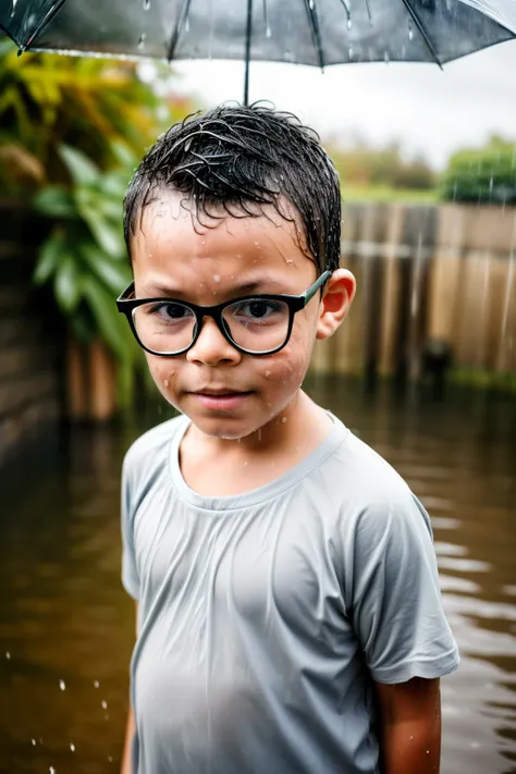 guttonerdvision10, A RAW photograph capturing a hyper-realistic portrait of a 3-year-old boy wearing glasses, standing in the rain. The boy is drenched, with water dripping from his hair and face, and his clothes are soaked. This detailed image highlights ...