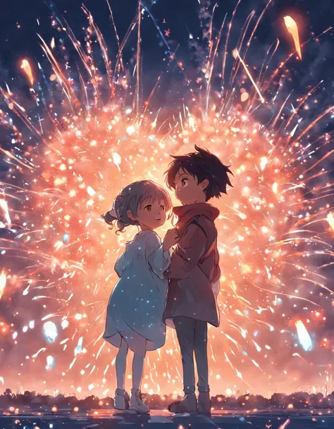 the night，Colorful，Fireworks all over the sky，Heart-shaped bubbles，Child couples，Cartoony，Chubby little girl and little boy hugging each other，Glowing fireflies around，，Cute and cute，KIDS ILLUSTRATION，Glow effects，Dingdall effect，depth of fields，high light...