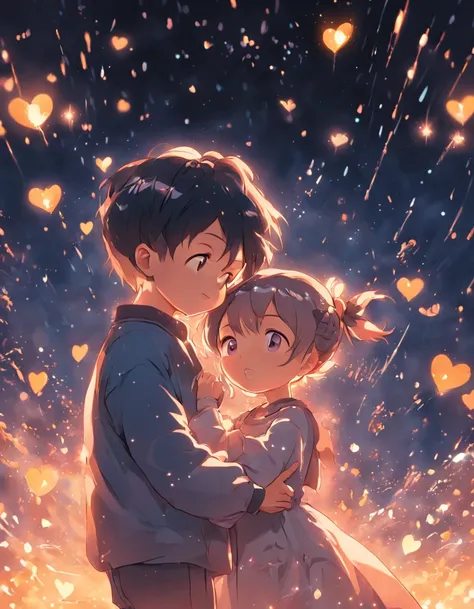 the night，Colorful，Fireworks all over the sky，Heart-shaped bubbles，Child couples，Cartoony，Chubby little girl and little boy hugging each other，Glowing fireflies around，，Cute and cute，KIDS ILLUSTRATION，Glow effects，Dingdall effect，depth of fields，high light...