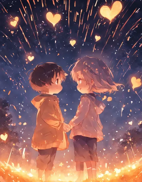 the night，Colorful，Fireworks all over the sky，Heart-shaped bubbles，Child couples，Cartoony，Chubby little girl and little boy hugging each other，Glowing fireflies around，，Cute and cute，KIDS ILLUSTRATION，Glow effects，Dingdall effect，depth of fields，high light...