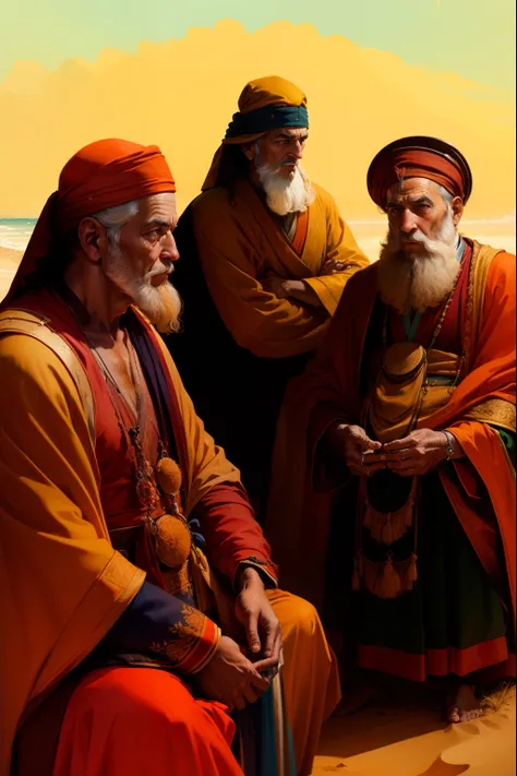 Three men in orange robes sitting on a sandy beach, Reis antigos em vestes brancas, pintura digital renascentista, by senior artist, Pintura Digital de Alto Detalhe, stunning digital illustration, Directed by: Bernardino Maio, Directed by: Haroldo von Schm...