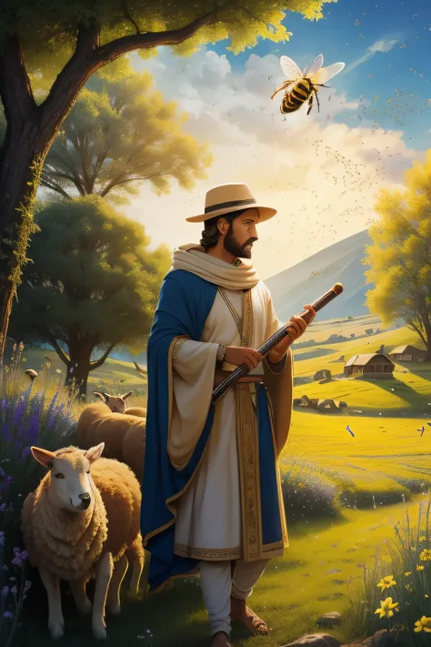 The shepherd is playing the flute and the bees are flying by