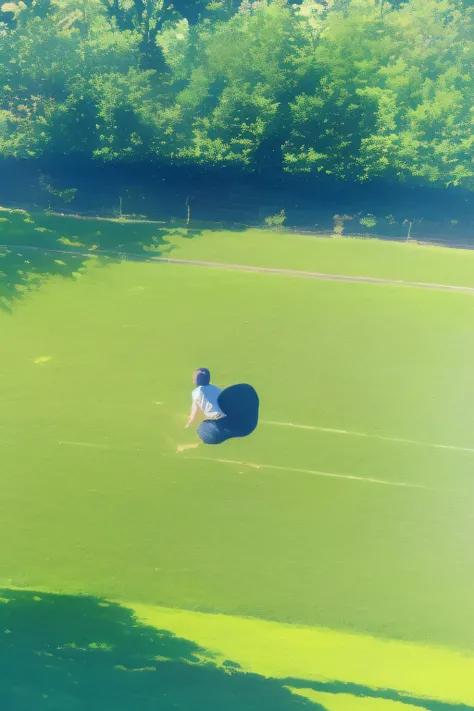 A child enthusiastically playing soccer at a sunlit field, embraced by a gentle breeze.