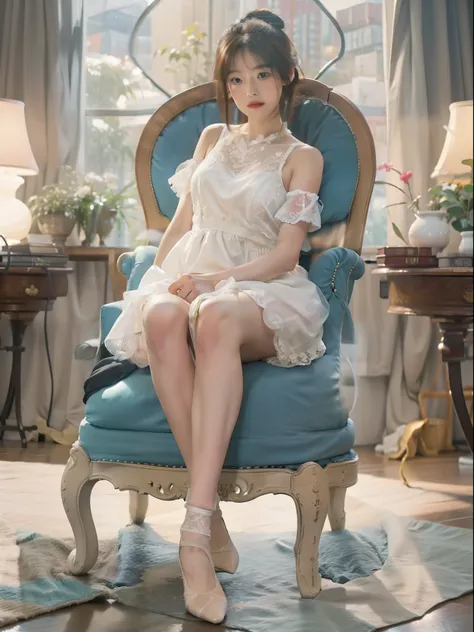 (full body:1.5)，(1girl:1.3),(view the viewer:1.4)，(anatomy correct:1.3),(Sitting quietly on a chair in the living room:1.2),(A pure White lace dress :1.2),( girl pointed thick heels and White lace calf socks :1.1)，(Accurate and perfect face:1.3),hyper HD, ...