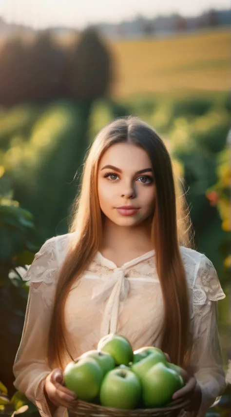 young girl, Slavic appearance, Brown, Long hair, Green eyes, pug nose, full lips, mouth, Against the backdrop of a glowing apple orchard