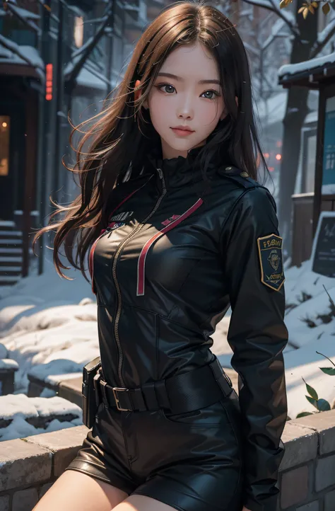 best qualtiy，tmasterpiece，超A high resolution，（真实感：1.4），RAW photogr，1girll，（（Wearing a SWAT uniform：1.8）），in the darkness nigth，deep shading，low tune，cold light，Square face with charming eyes，A sweet smile，parks，lakes，the woods，（（Rose flower：1.5，）），A high r...