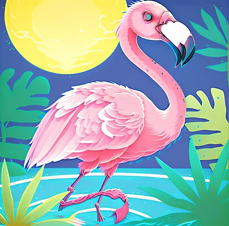 A pink flamingo stands in the water，The background is the full moon。, flamingo, the flamingo cafe, flamingo, flamingo, during night!, tropical, Laurent Durieux, Flamboyant, tropical mood, illustration!, tropical birds, On a sunny day, Tropical paradise, du...