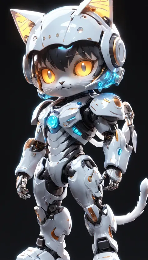 robotic cat, (Blind box toy style:1.2), (Full body shot) , 1 Transparent Boy,Behind him is a transparent cute robot cat, Transparent mech, Exquisite helmet:1.2, Luminous goggles:1.2, Cyberpunk, dreamy glow, luminous neon lights, Clean, White background, ( ...